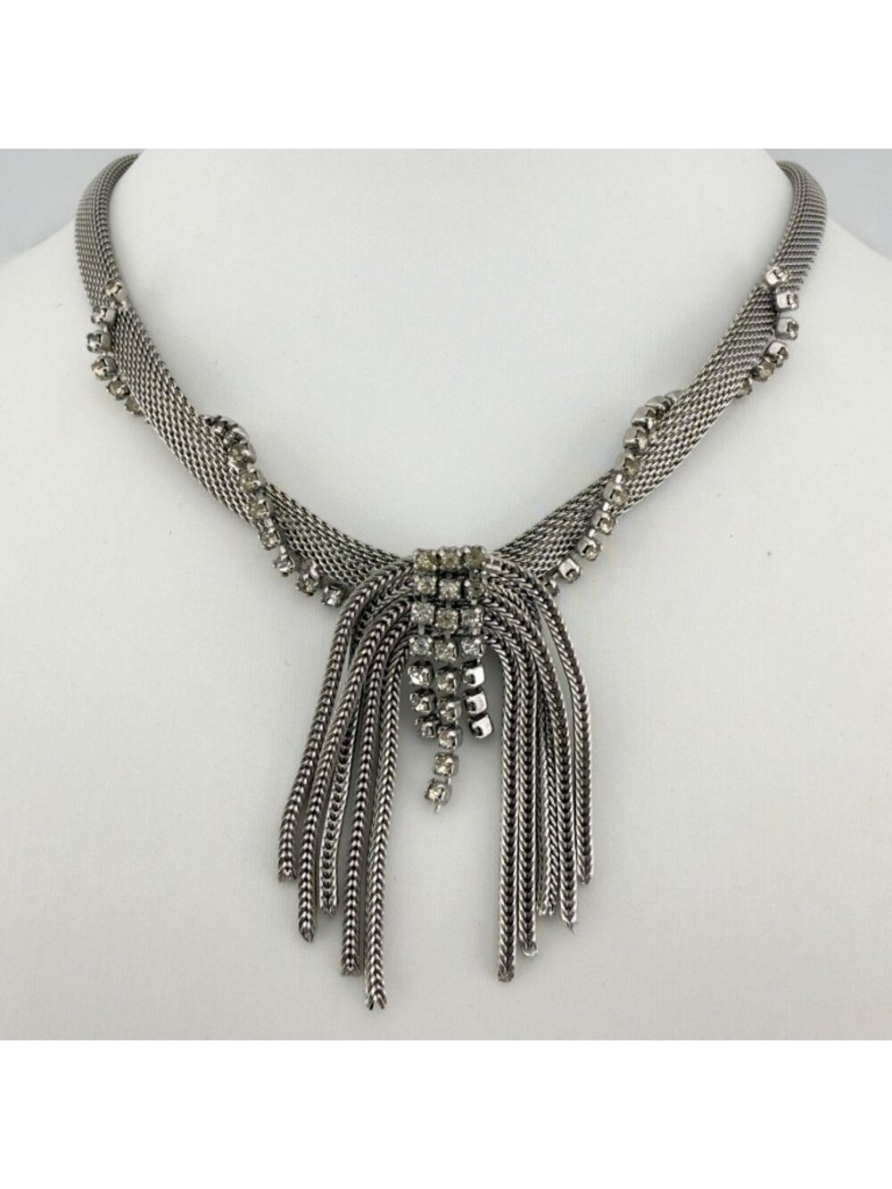 Vintage Mesh Tassel Necklace Rhinestone Silver Tone Dangling Collar